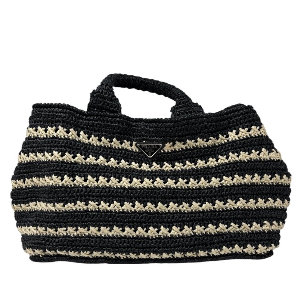 PRADA Vintage Triangle Logo Canapa Tote Bag Handbag Black Beige Raffia [106401] - Picture 5 of 15